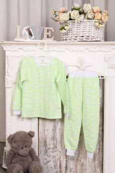 Пижама детская теплая, модель 316, трикотаж (Облака, зеленый)